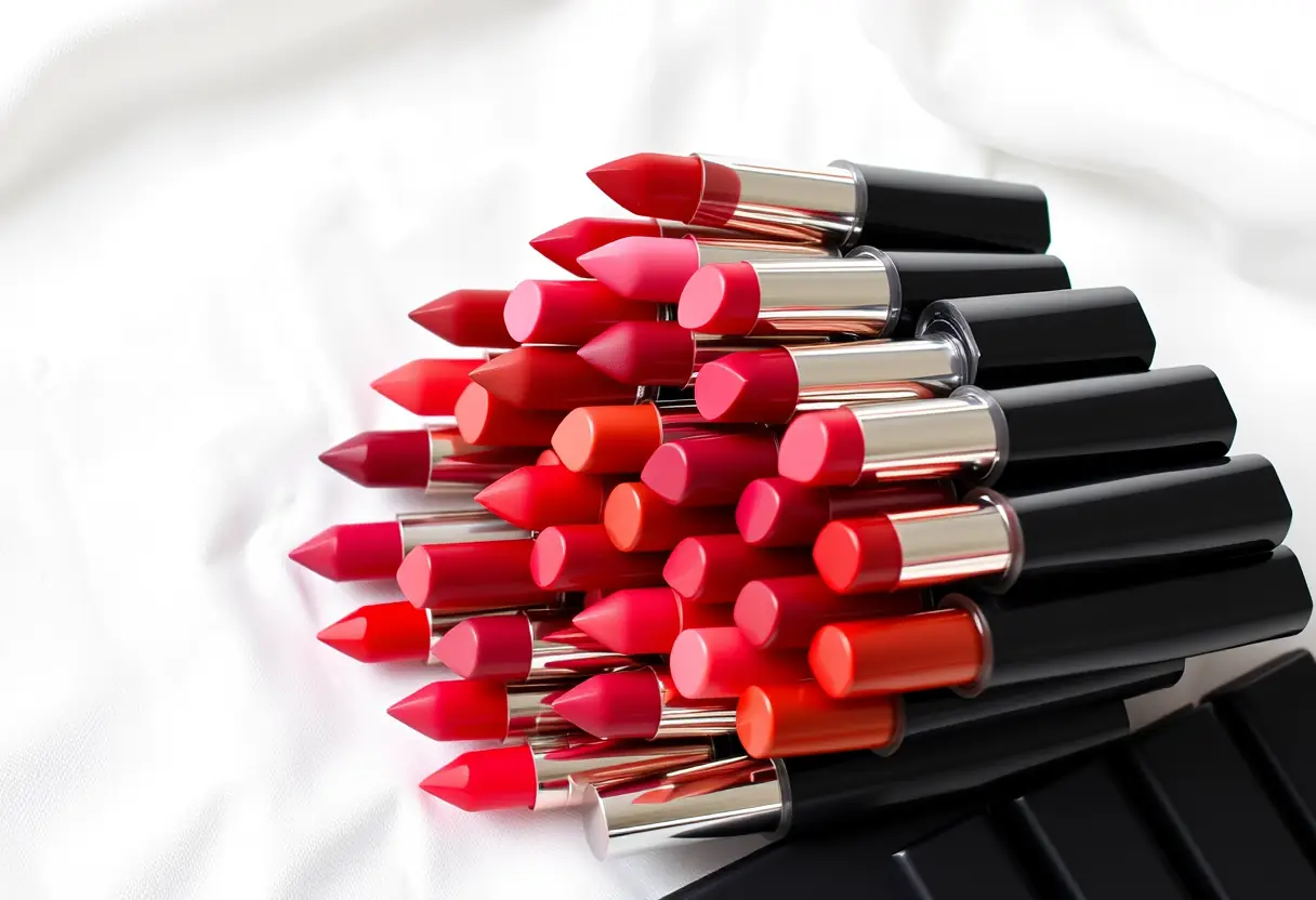 Une pile bien rangée de rouges à lèvres aux couleurs variées posés sur un fond de tissu blanc