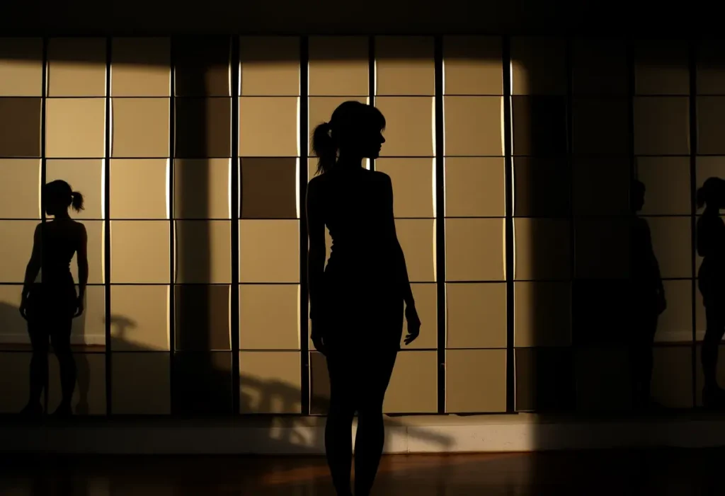 Silhouette féminine devant un mur de miroirs pour explorer sa morphologie