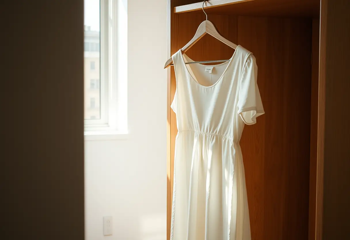 Un cintre en bois dans une armoire, tenant une robe pliée avec soin, symbolise l'acceptation de soi