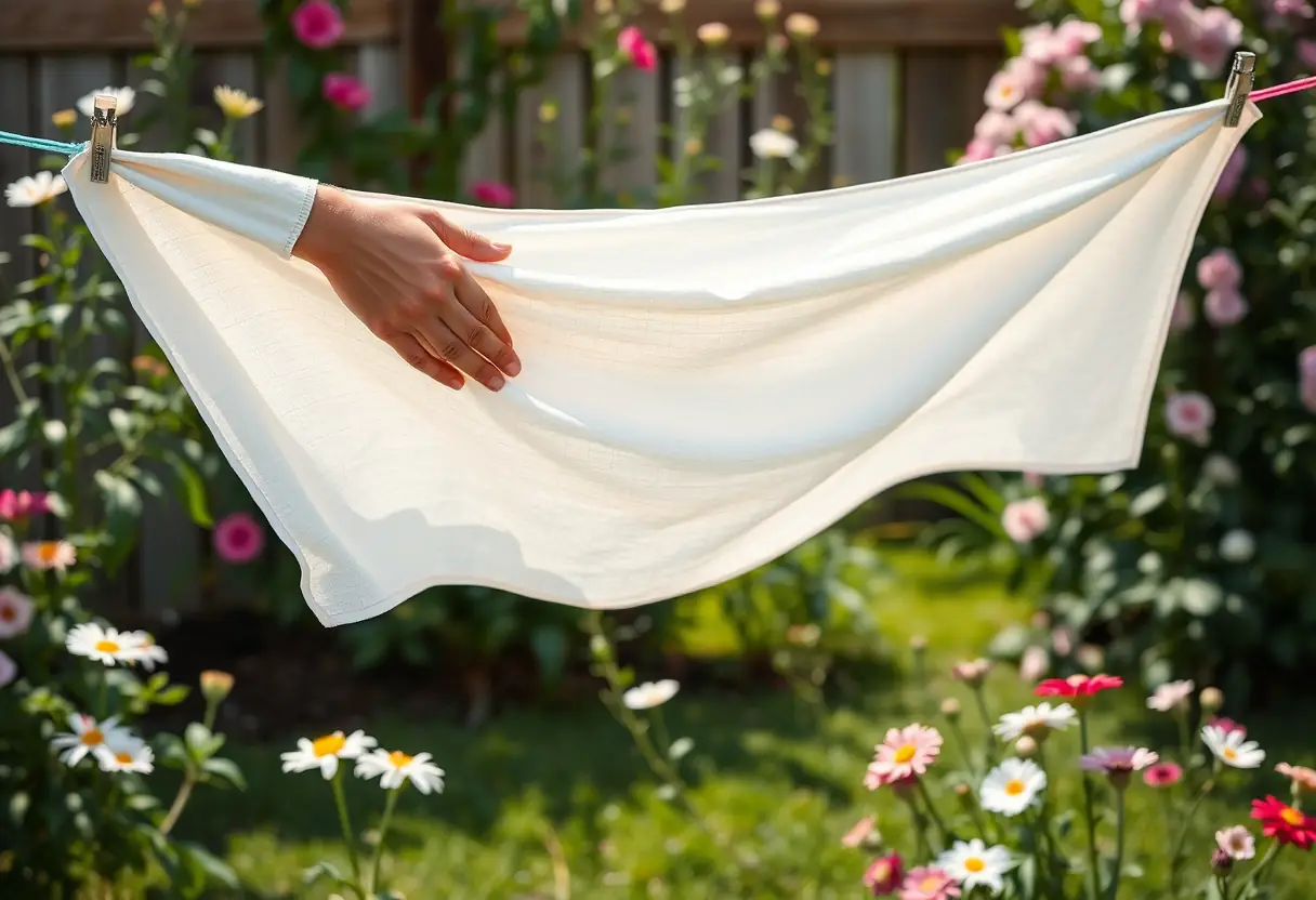 Mains étalant un morceau de tissu sur une corde à linge dans un jardin arboré, entouré de fleurs en fleurissement