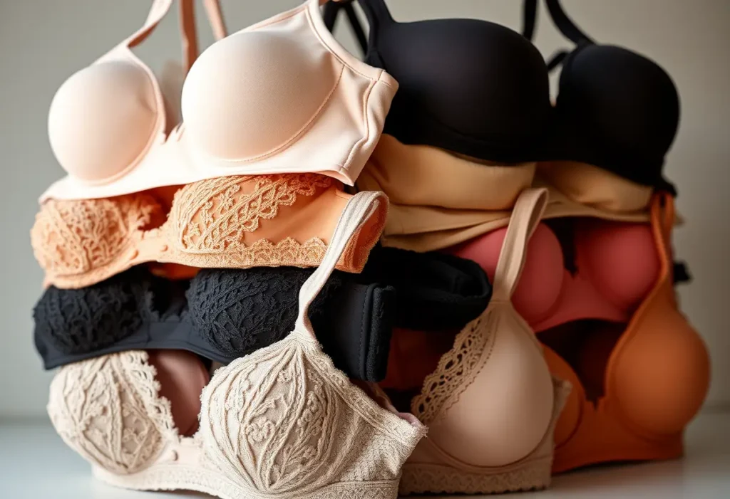 Une pile de soutiens-gorge de différents styles et couleurs, illustrant les options pour le confort personnel et le choix stylistique