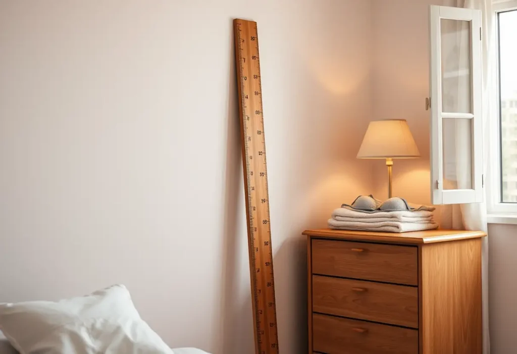 Un mètre en bois repose contre un mur dans une chambre accueillante, près d'un meuble avec des soutiens-gorge pliés avec soin. Lumière naturelle et bien-être féminin.
