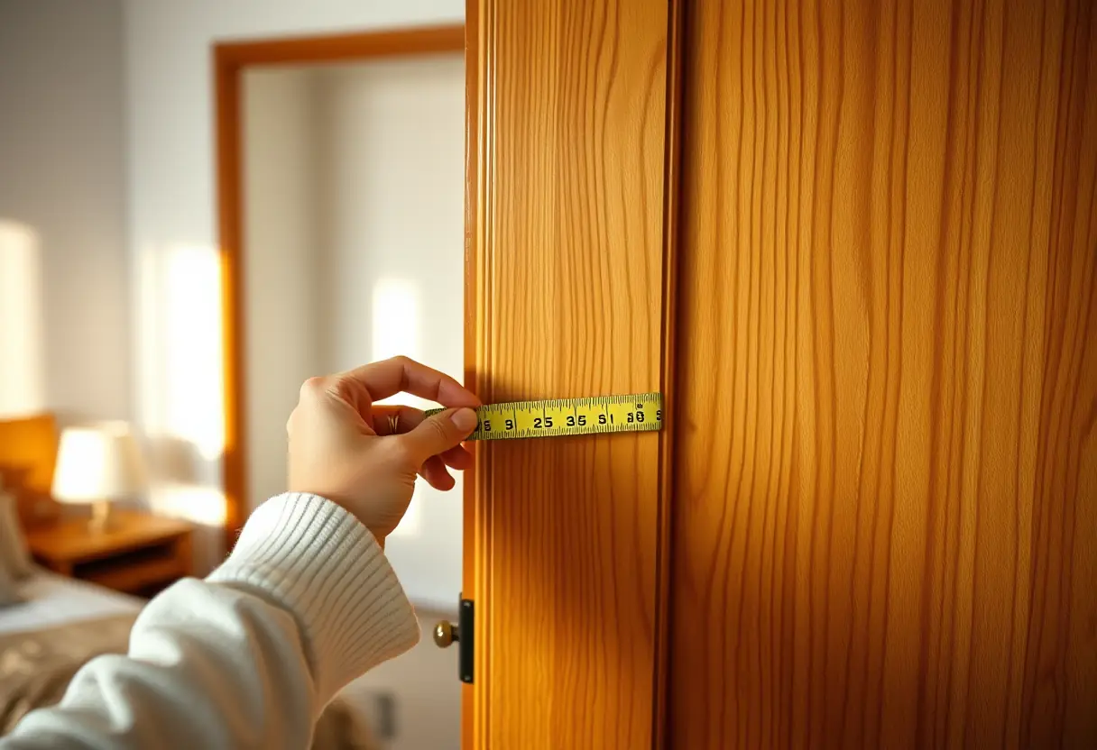 Une main féminine tient un mètre ruban contre un chambranle de porte dans une chambre accueillante