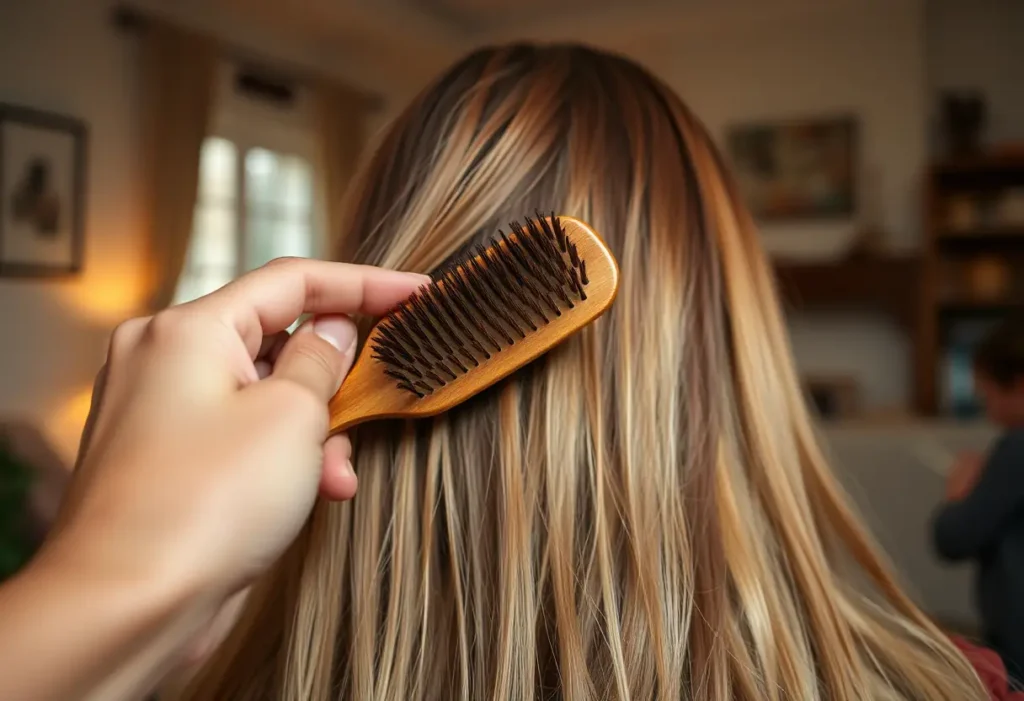 Une main tenant un pinceau en bois brossant délicatement les cheveux dans une ambiance chaleureuse