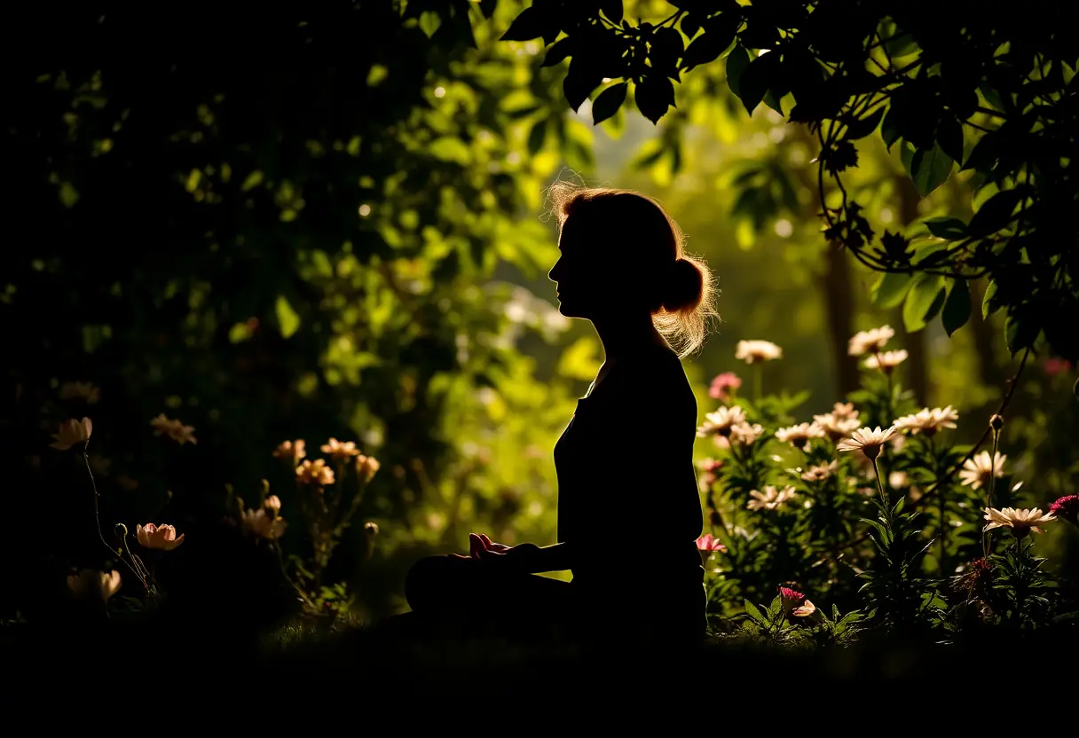 Un silhouettage de personne méditant dans un jardin éclairé par la lumière du soleil entourée de fleurs en fleurissement