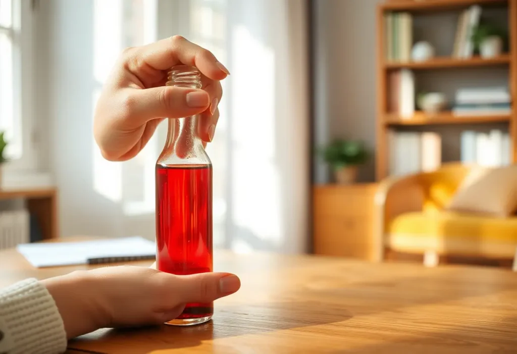 Une main féminine tient délicatement une petite bouteille en verre remplie de gouttes rouges, dans un bureau accueillant