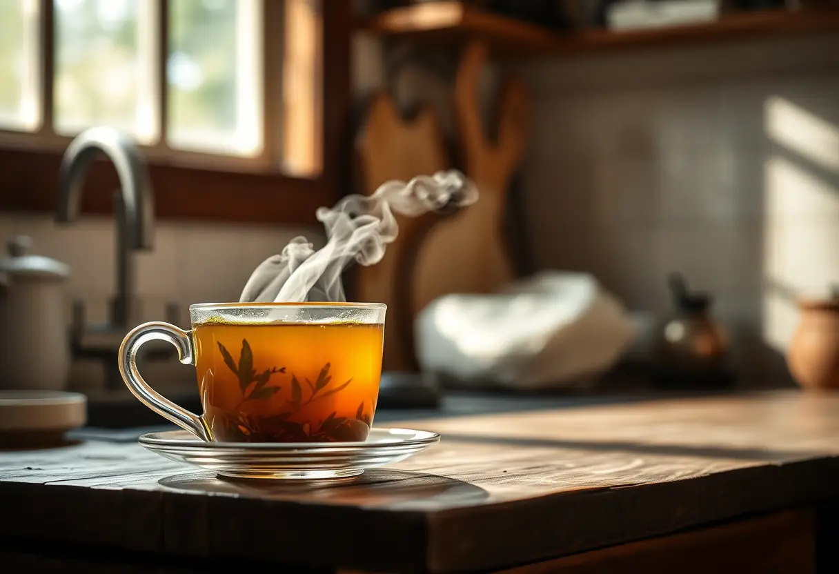 Une tasse de thé herbagé fumante sur un plan de travail rustique, dans une cuisine douillette