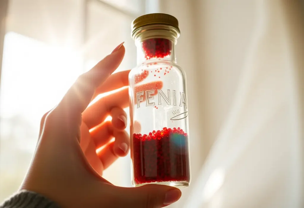 Une main féminine tient délicatement une bouteille en verre contenant des granules rouges, illustrant la thérapie homéopathique.