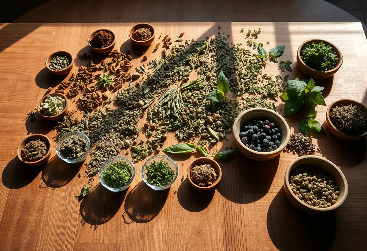 Un bureau en bois couvert d’herbes sèches dans de petits bols, soulignant les remèdes naturels.