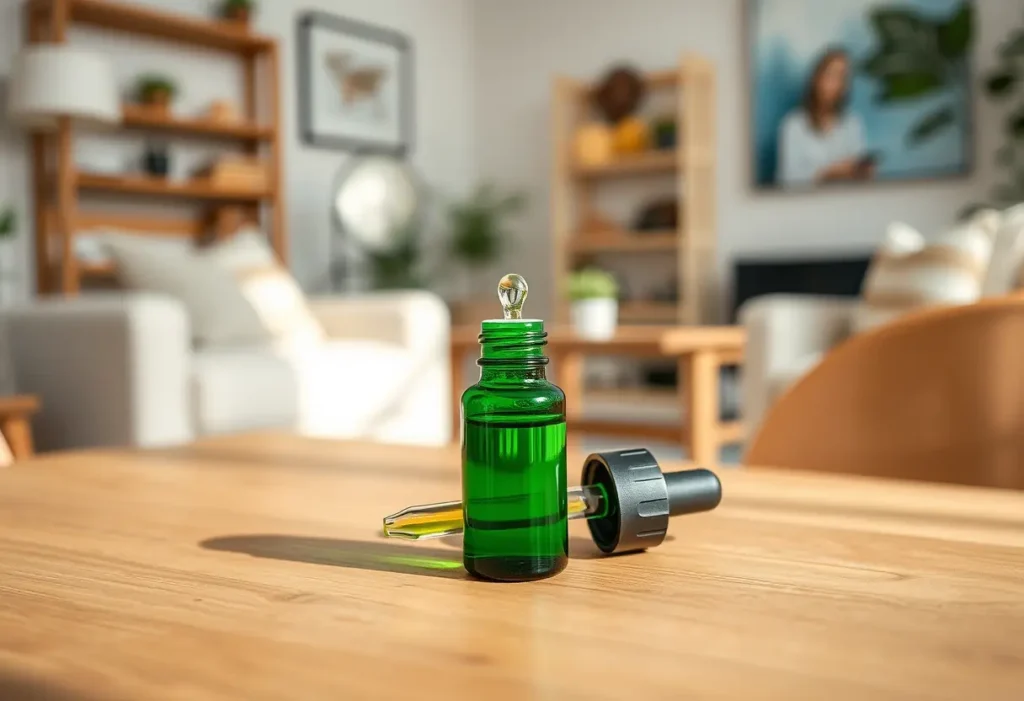 Un flacon doseur en verre contenant de l'huile essentielle verte repose sur une table en bois dans un salon accueillant, pour traiter les symptômes de l'endométriose.