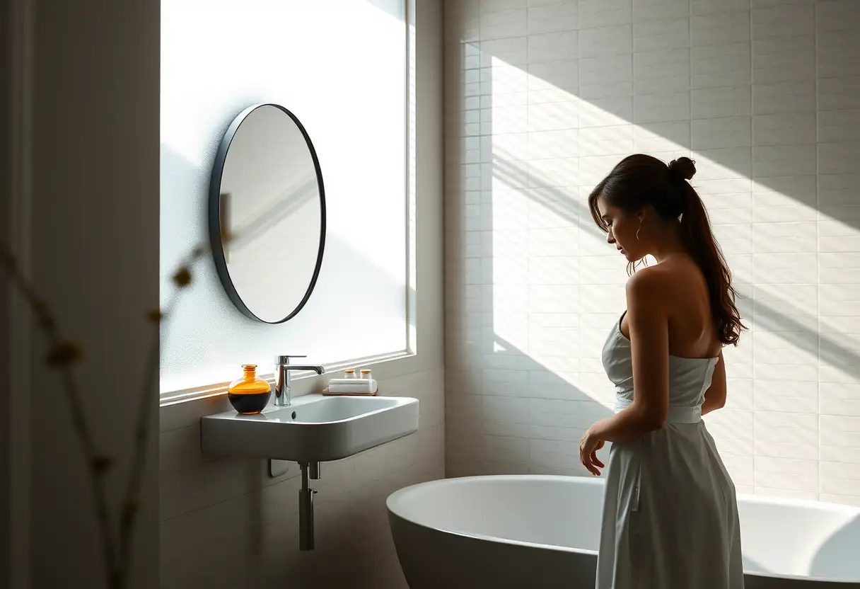 Vue large d'une salle de bains avec un diffuseur émettant une douce fragrance, la silhouette d'une femme se prépare pour un bain apaisant pour combattre les douleurs de l'endométriose.