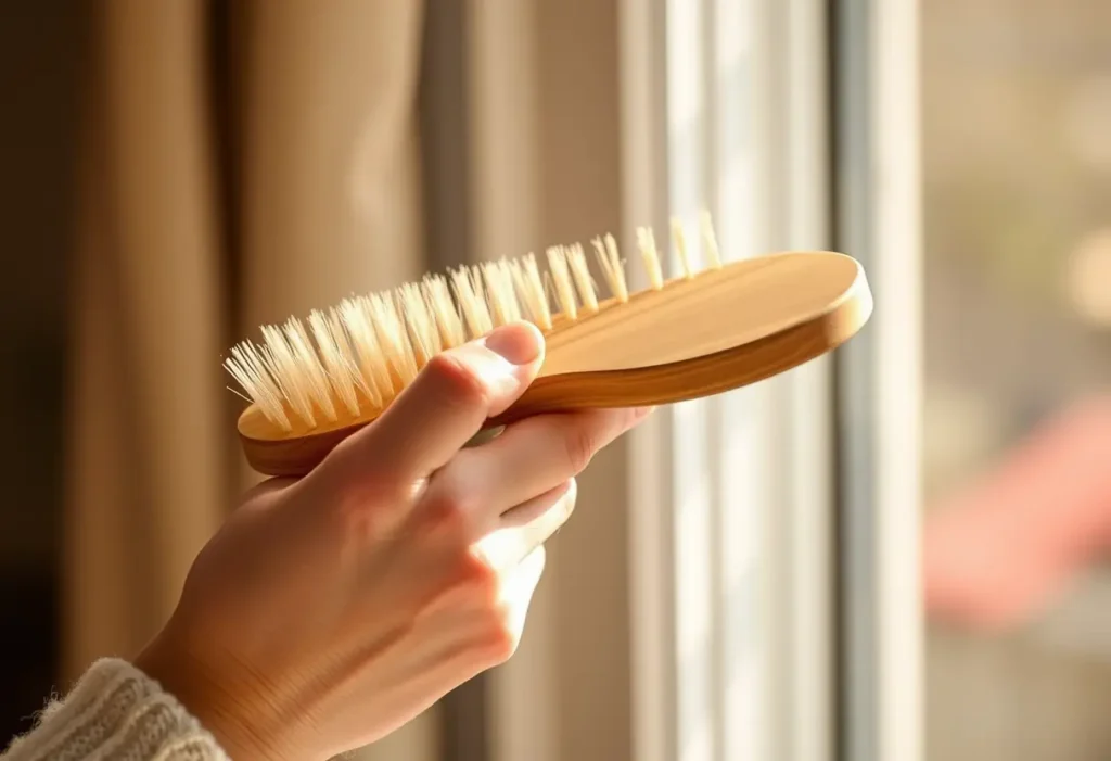 Main : une main féminine tenant délicatement un pinceau en bois, symbolisant le soin personnel.