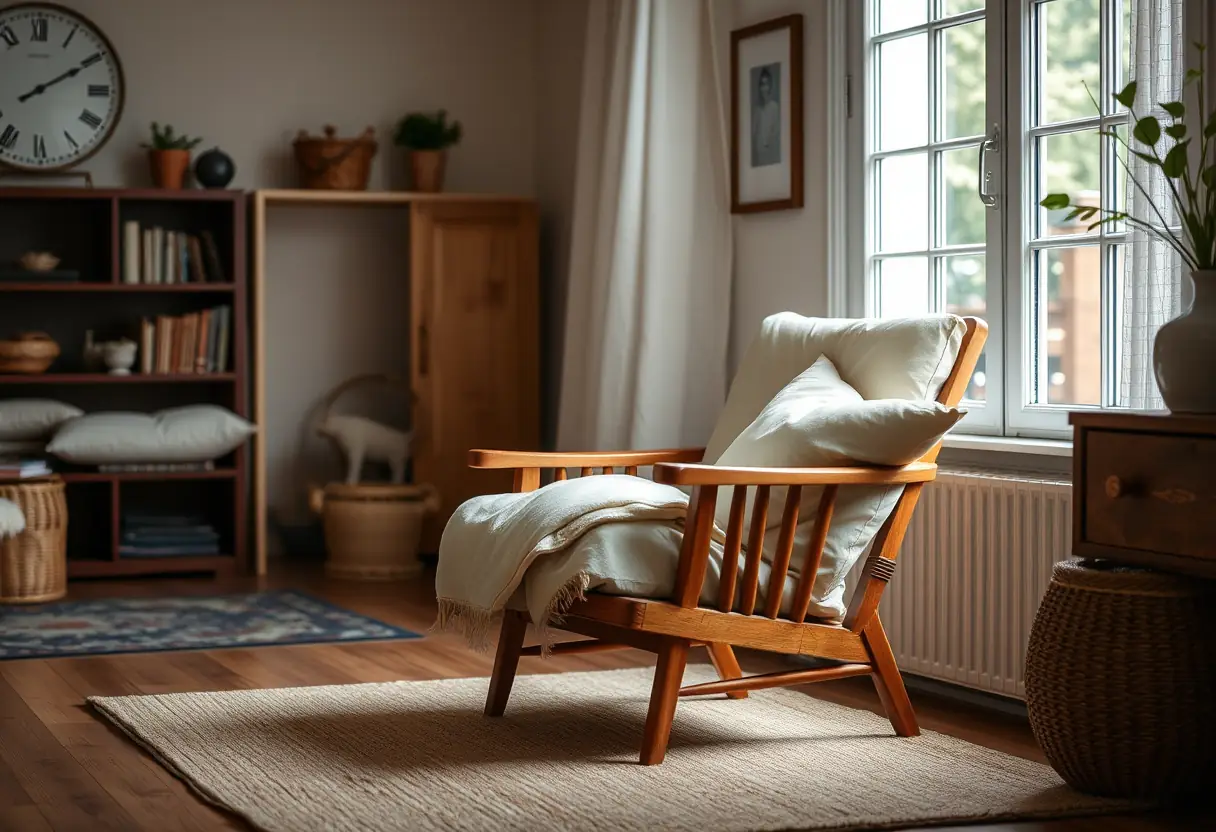 Intérieur : un fauteuil en bois dans un salon accueillant, soulignant la détente et l’introspection.
