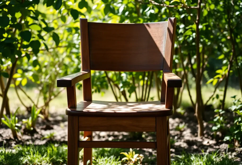 Un fauteuil en bois dans un jardin apaisant, la lumière du soleil filtre à travers les feuilles