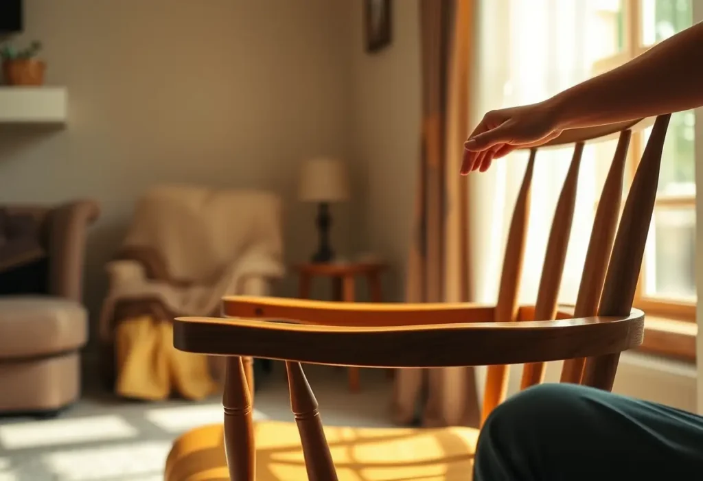 Un fauteuil en bois dans une pièce accueillante, les mains posées délicatement sur les accoudoirs, rappelant le bien-être et la sérénité
