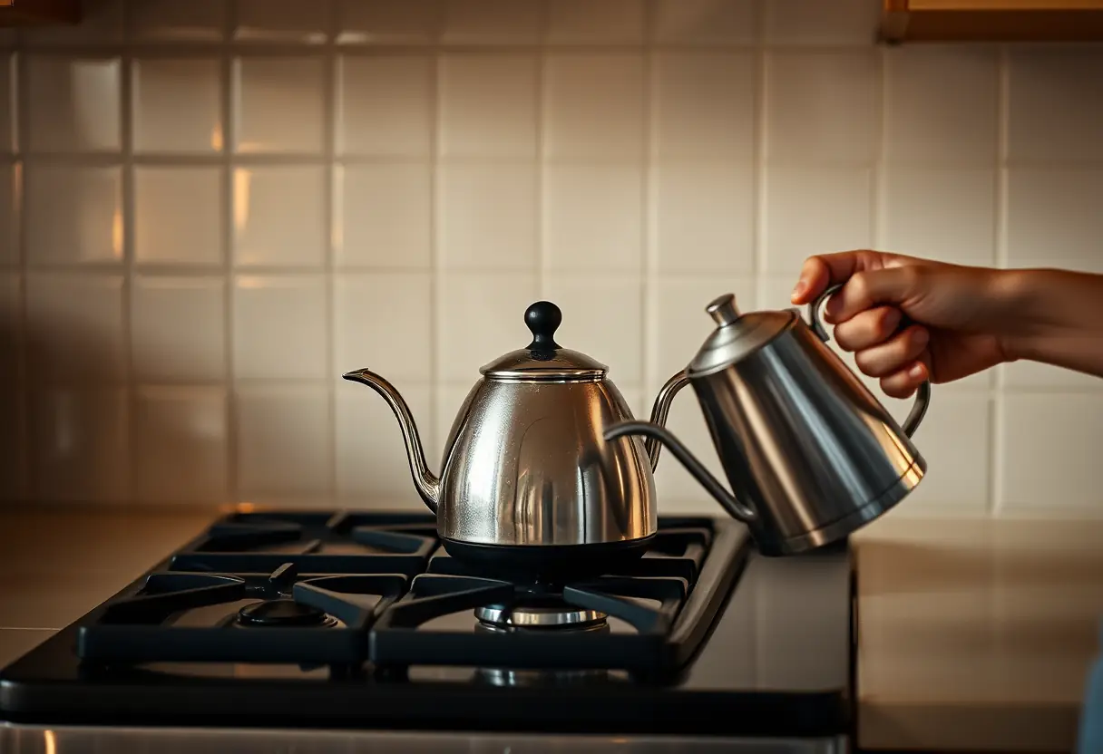 Une bouilloire qui siffle sur une plaque de cuisson, dans une cuisine chaleureuse, symbolisant la détente et l'apaisement