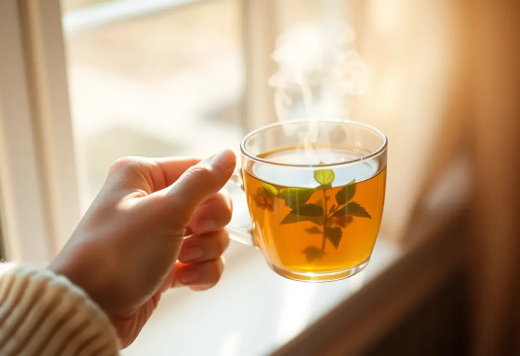 Une main féminine tenant une tasse de thé chaud aux herbes, accueillante et réconfortante