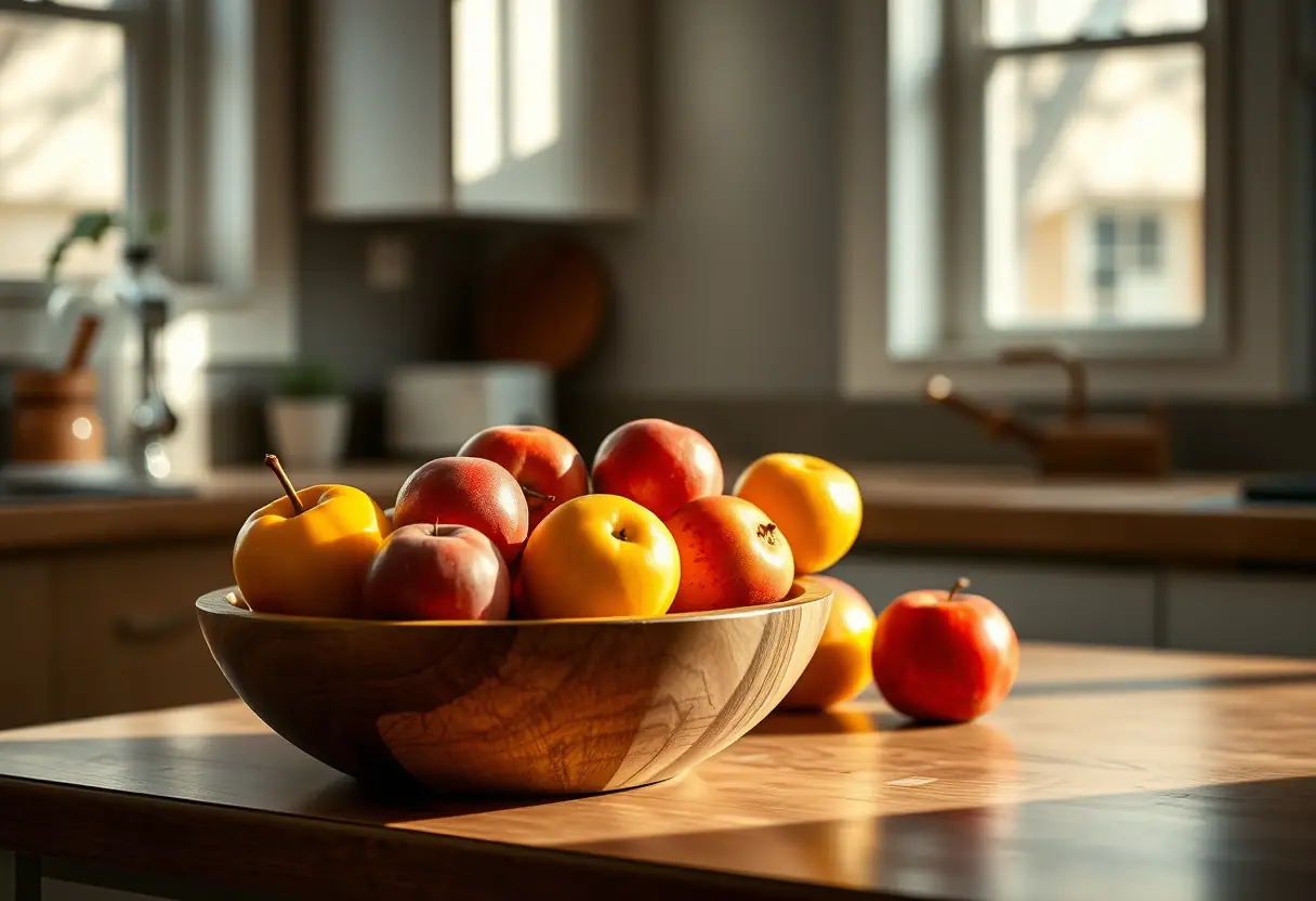 Un plan de travail de cuisine avec un bol en bois rempli de fruits frais, éclairé par la lumière du matin