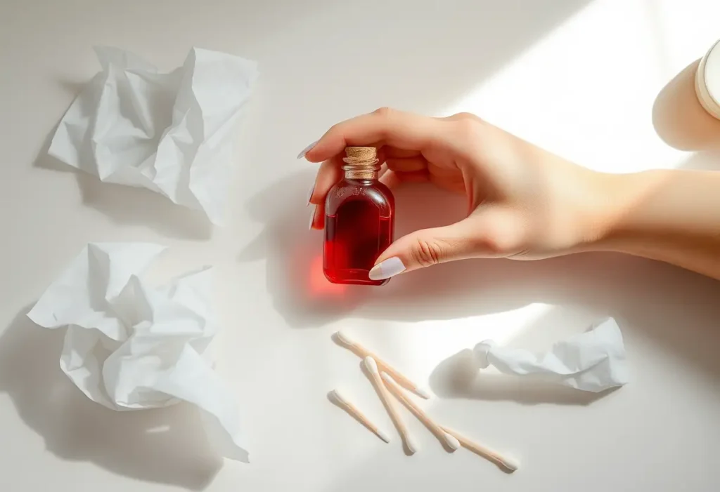 Une main féminine tient un petit flacon de verre contenant un liquide rouge, sur une table avec des mouchoirs et du coton