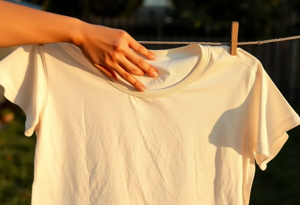 Une main féminine qui repasse délicatement un tee-shirt en coton dans un jardin arrière