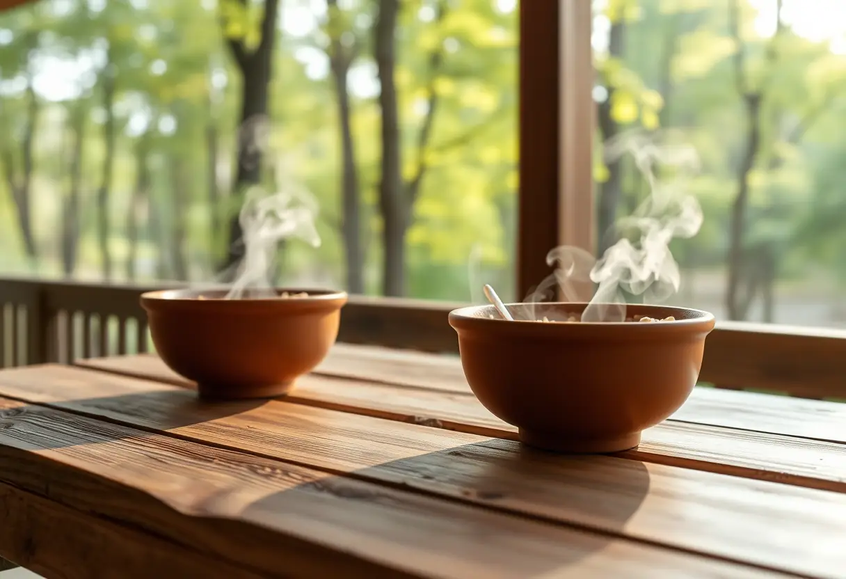 Un plan de table en bois avec deux bols de porridge fumant, symbolisant la simplicité et la chaleur du petit-déjeuner