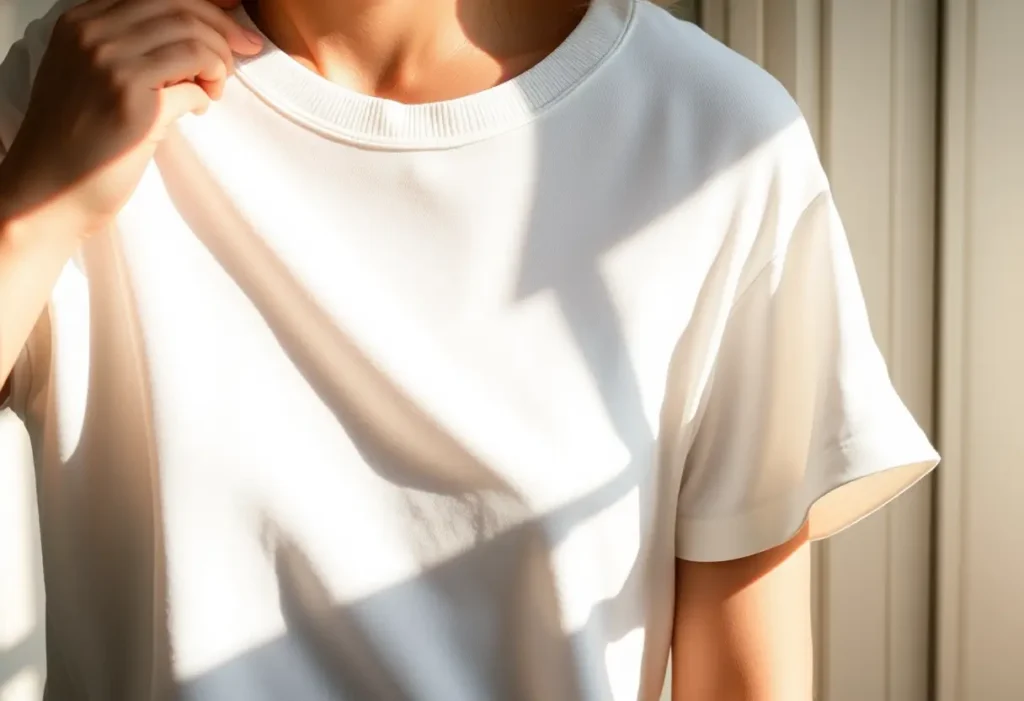 Main de femme caressant doucement un t-shirt en coton, lien positif avec le corps