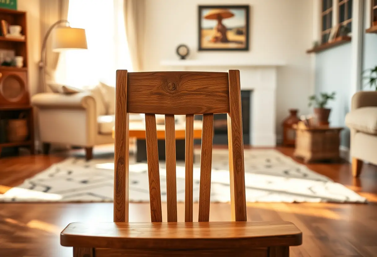 Chaise en bois dans un salon accueillant, évoquant le bien-être corporel