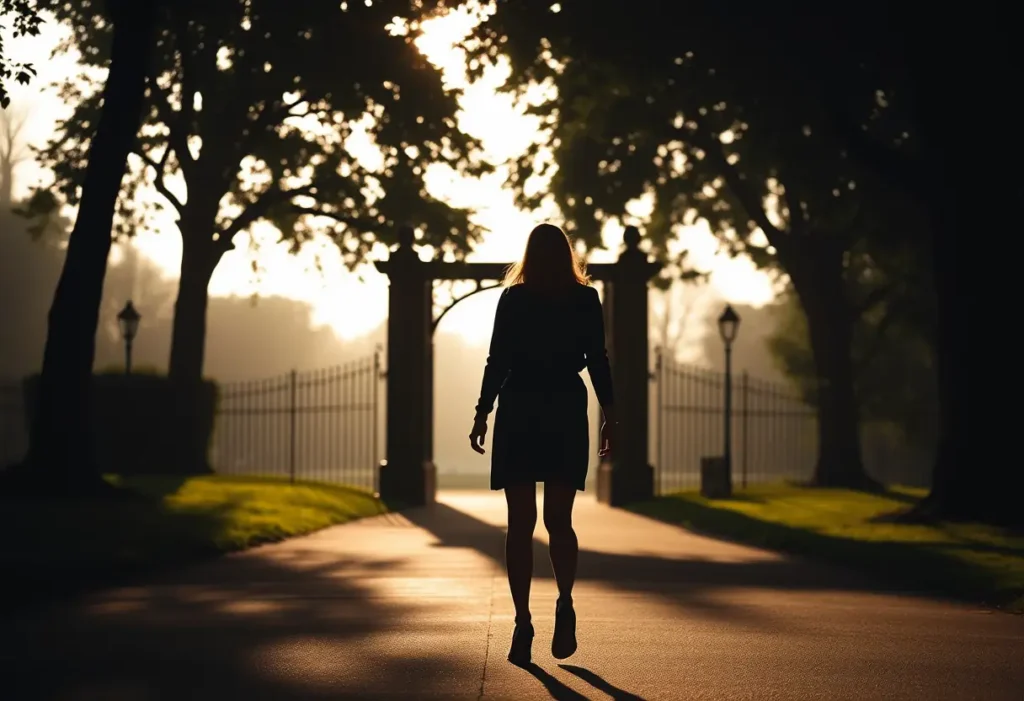 Silhouette de femme marchant vers un parc au lever du jour, lumière naturelle