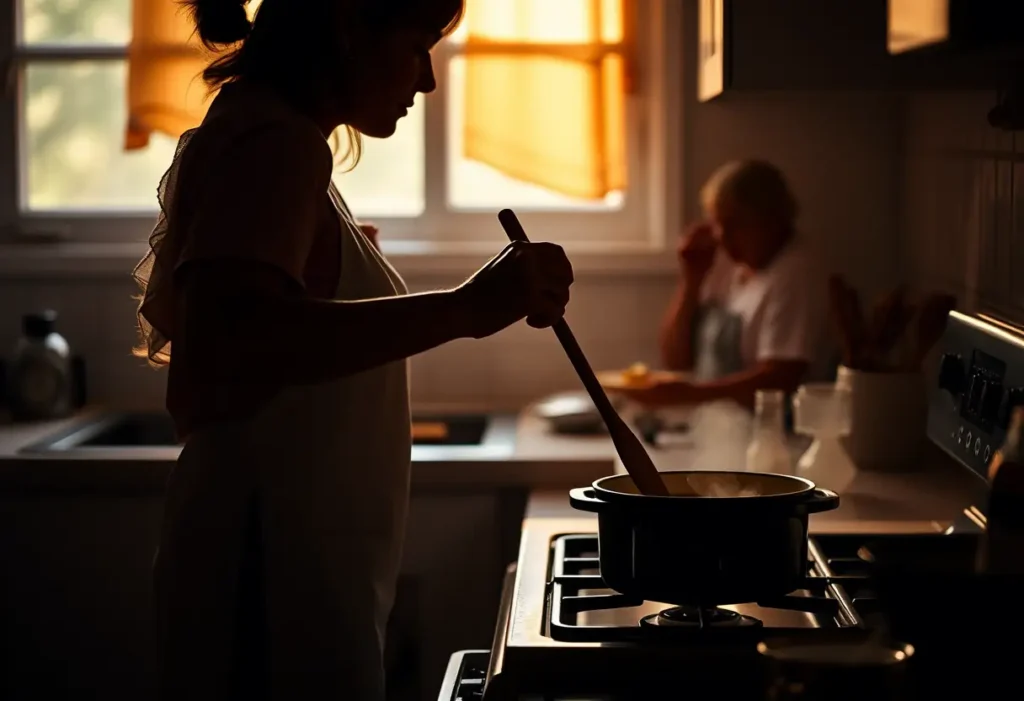 Silhouette d'une femme dans une cuisine, tenant une cuillère en bois en remuant une marmite de soupe, éclairage doux