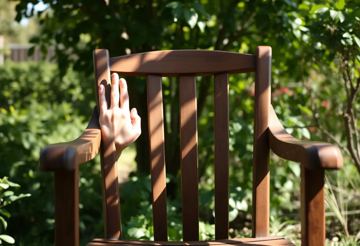 Un fauteuil en bois dans un jardin apaisant, mains posées avec sérénité