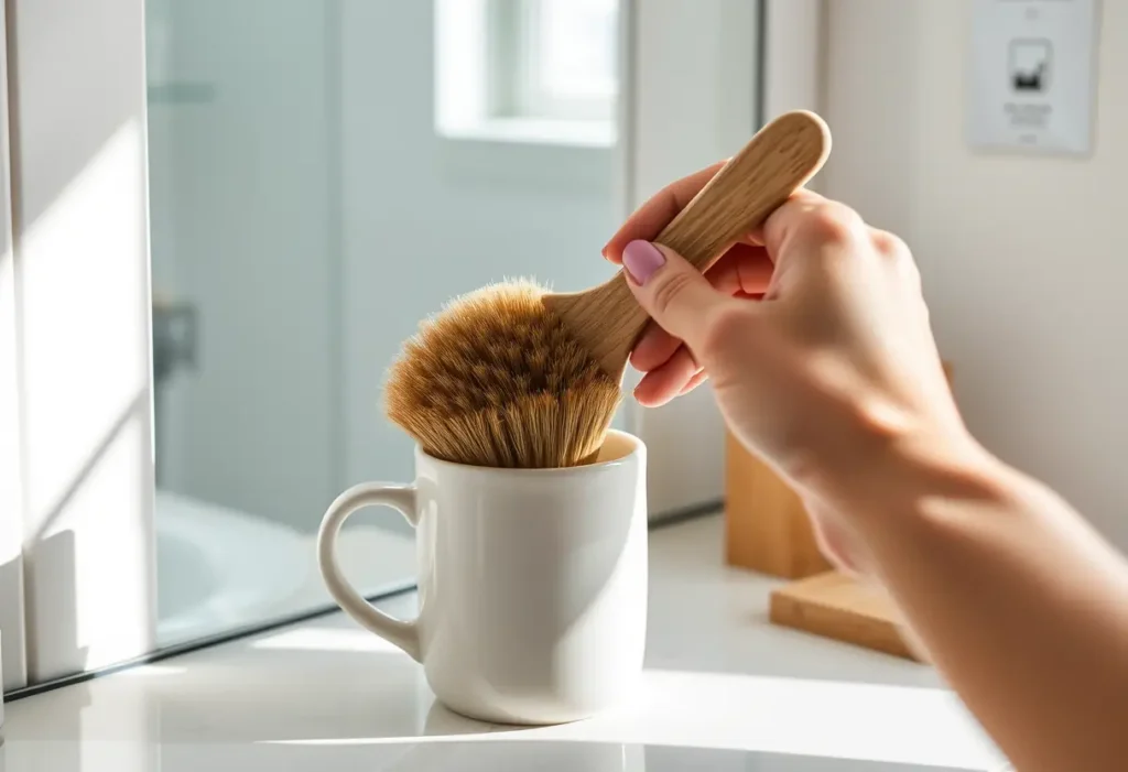 Une main posant délicatement un pinceau en bois dans une tasse en porcelaine, symbolisant l'acceptation de soi.