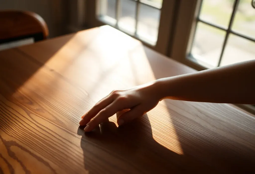 Une main féminine caresse doucement une table en bois, lumière naturelle