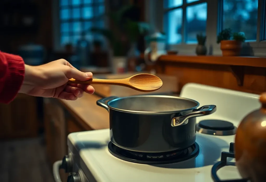 Une main tenant une cuillère en bois dans une cuisine accueillante