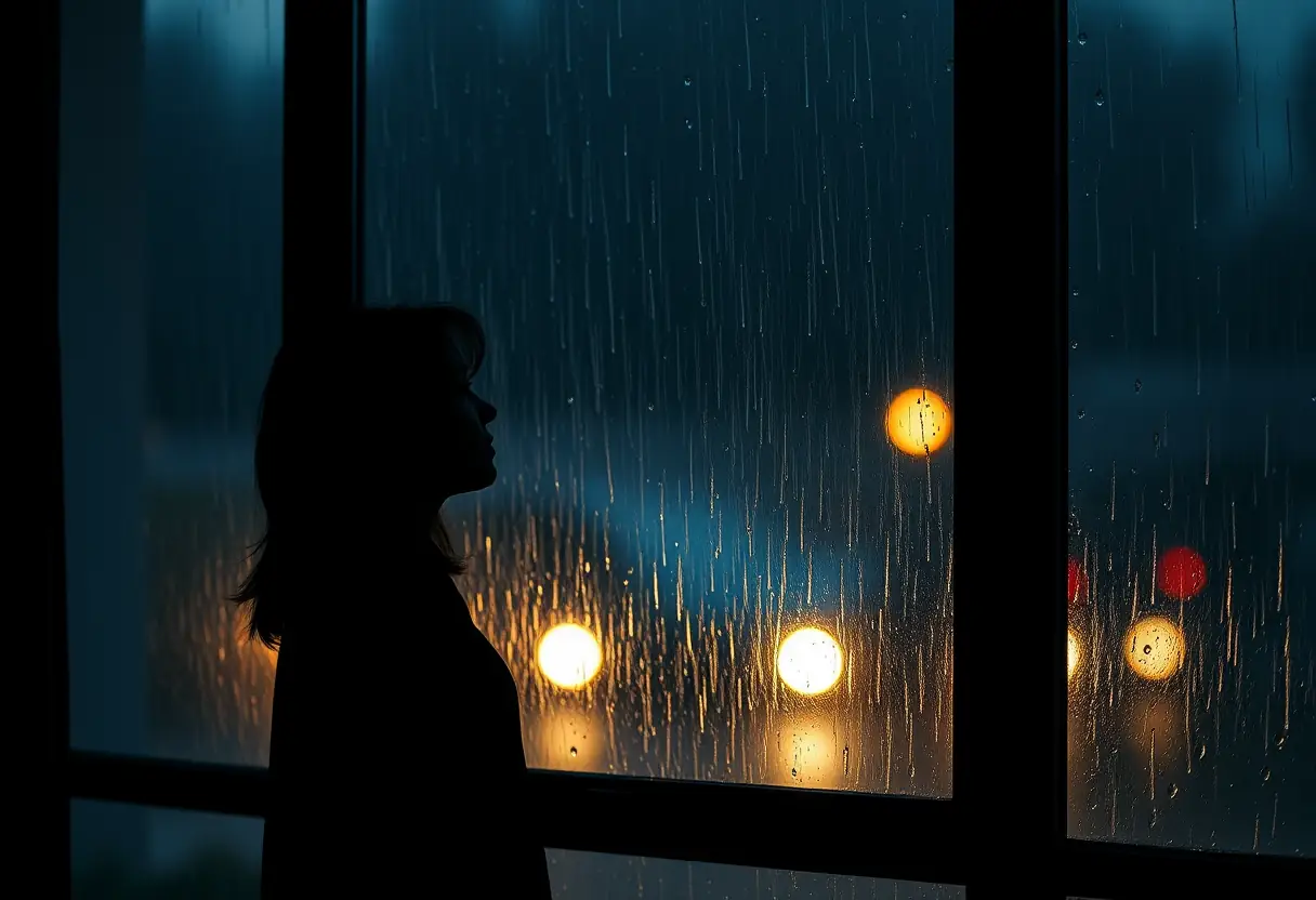 Un silhouetté regardant la pluie tomber sur une fenêtre éclairée de l’intérieur