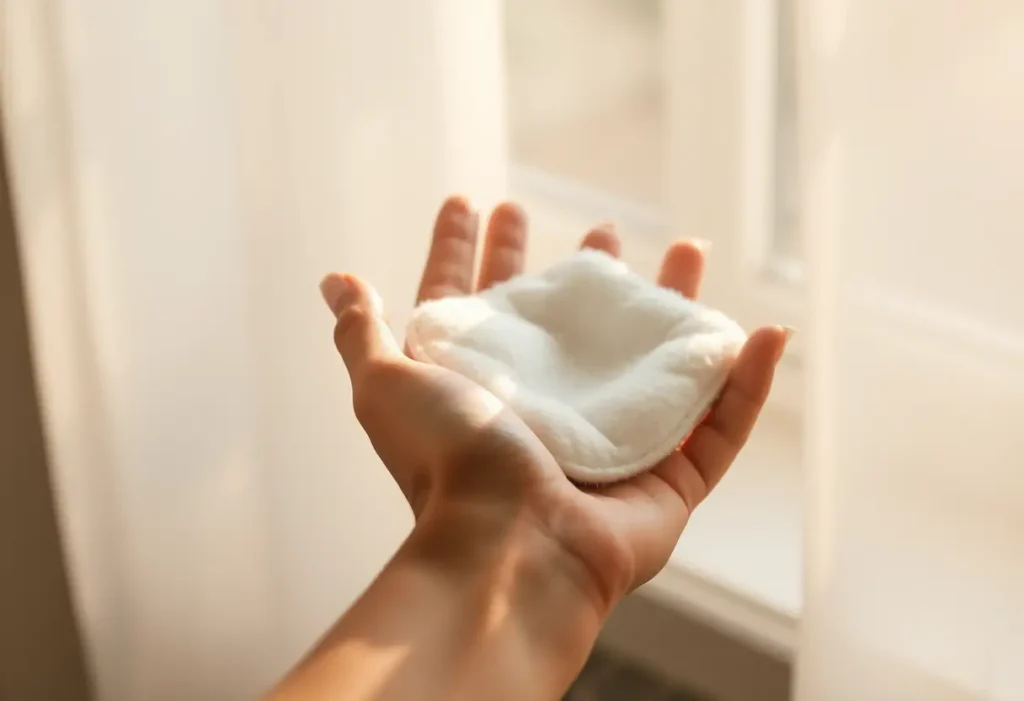 Main : Une main féminine tient un tampon en coton, lumière naturelle