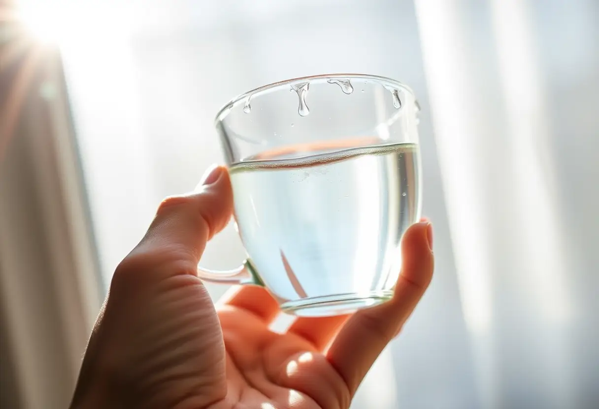 Une main tenant une tasse d'eau, la lumière du soleil filtre à travers une fenêtre, éclairant les gouttes d'eau