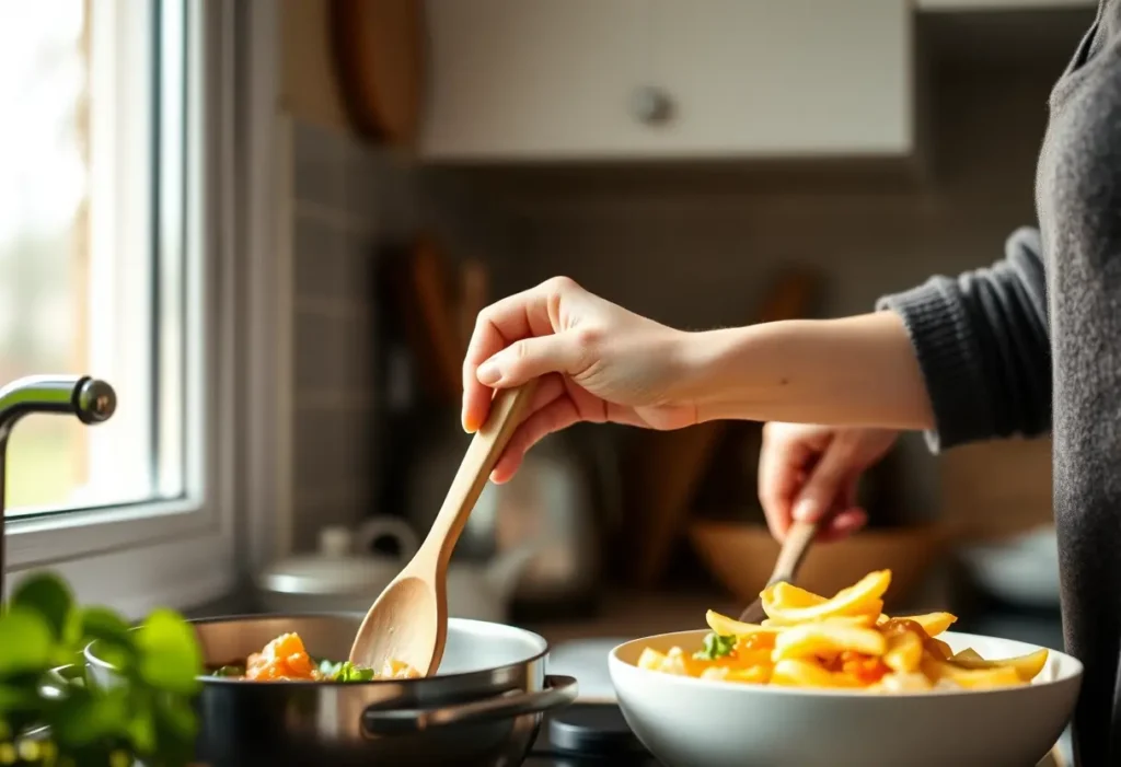Une main féminine tient une cuillère en bois dans une cuisine accueillante, évoquant sérénité et soins