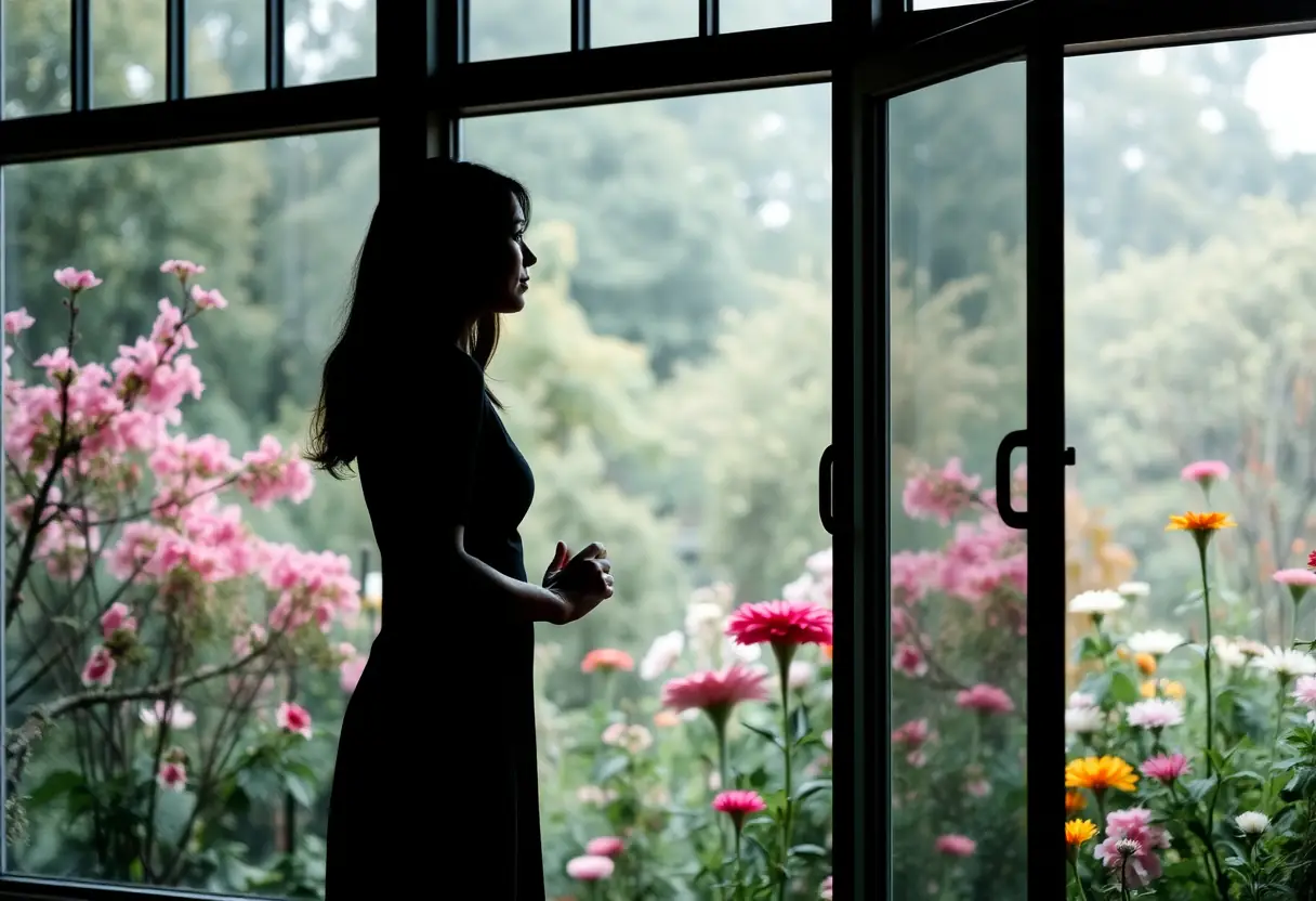 Un profil de femme se reflète devant une fenêtre donnant sur un jardin fleuri, symbolisant la réflexion et la paix intérieure