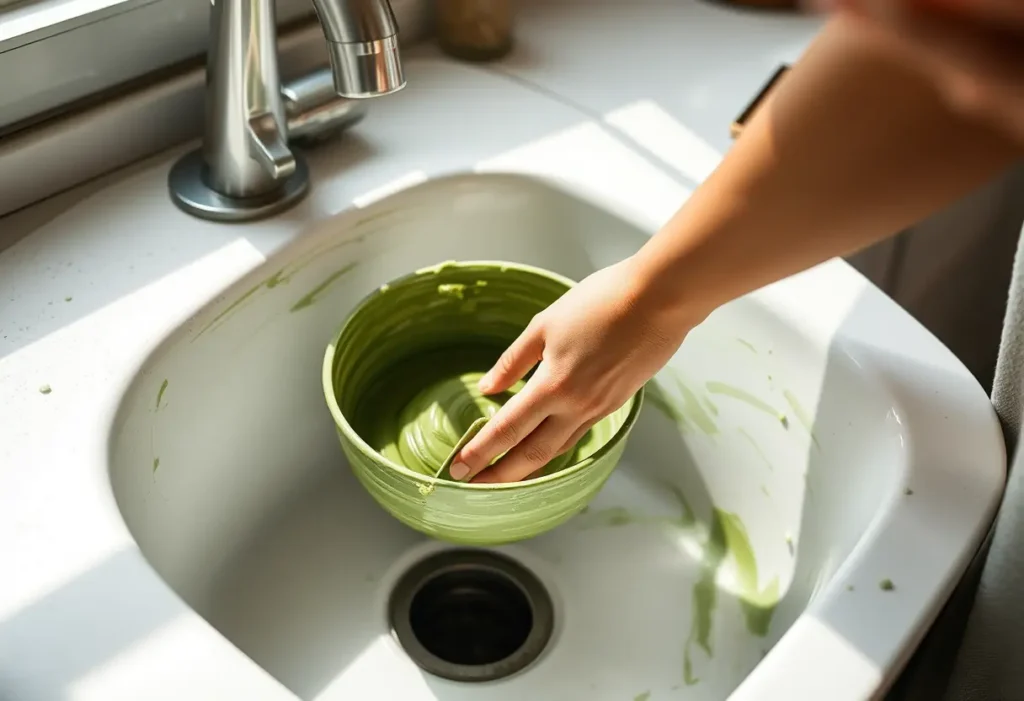Une main féminine mélange de l'argile verte dans un bol, thérapie naturelle