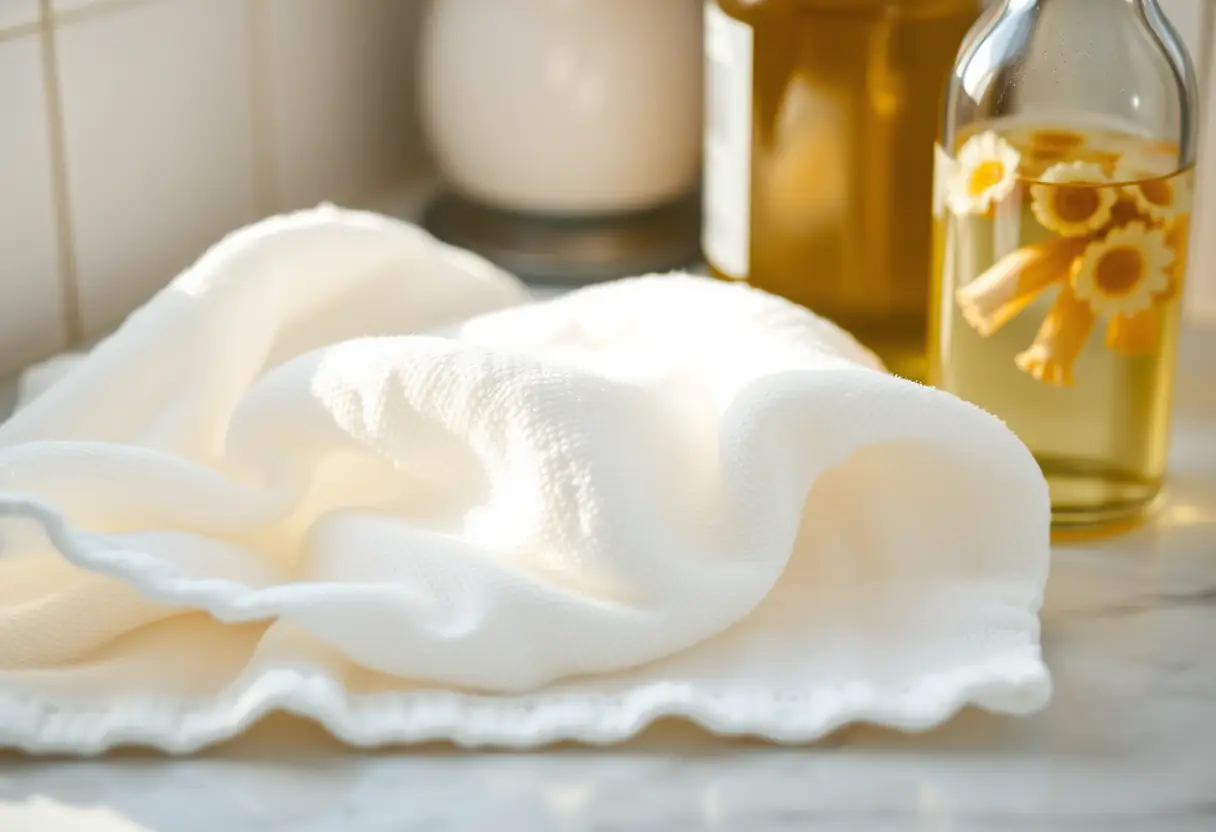 Un gant de toilette humide imbibé d'infusion de camomille, soins intimes naturels