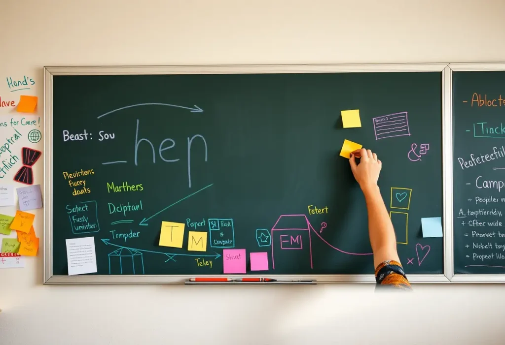 Chalkboard d'une classe couvert de notes colorées ajoutant un sentiment d'accomplissement et d'estime de soi
