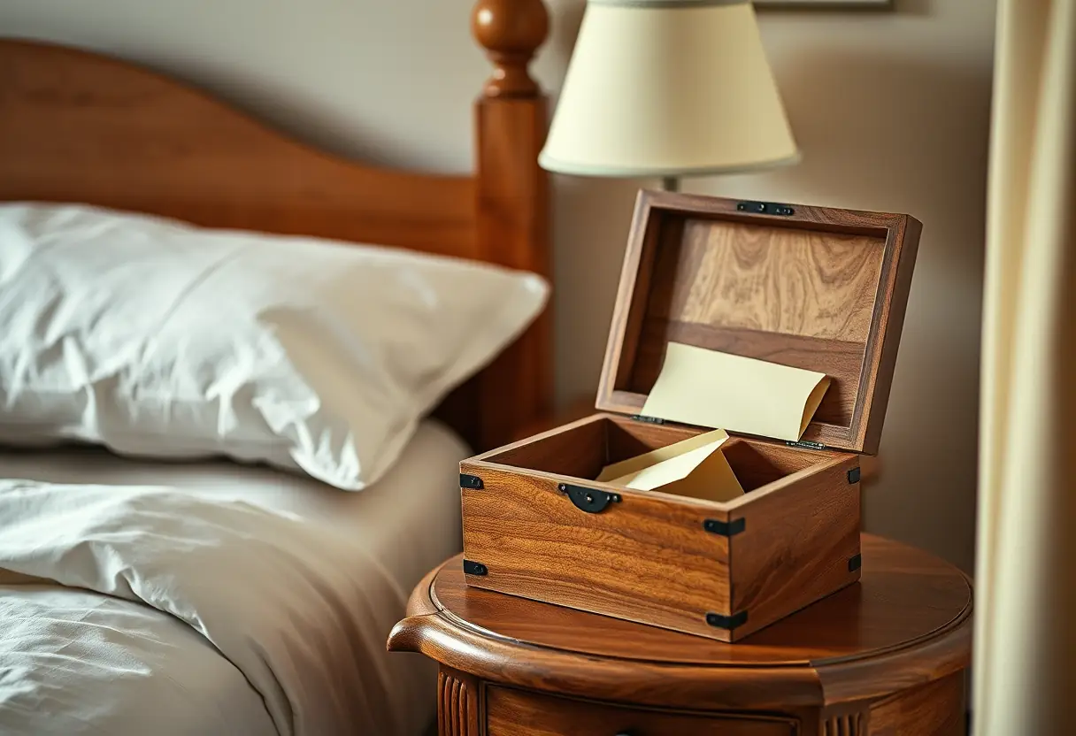 Petite boîte en bois sur une table de chevet dans une chambre accueillante, symbole d'exploration positive et d'estime de soi