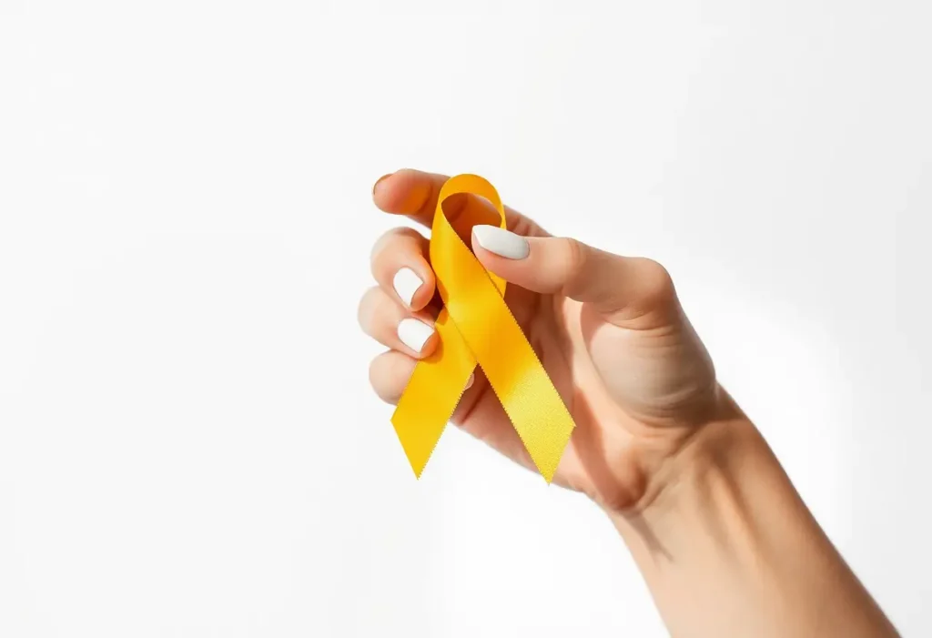 Main: Une main tenant un ruban jaune pour soutenir la journée mondiale de l'endométriose.