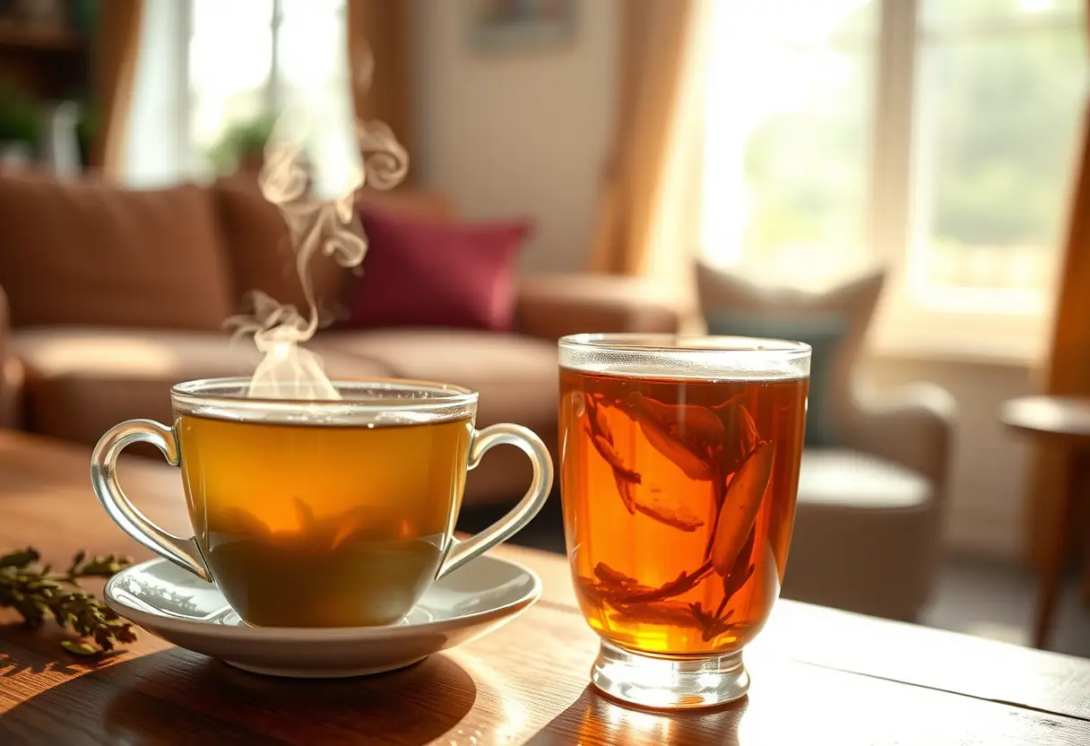 Main: Une tasse de thé posée sur une table, évoquant le confort et la détente.