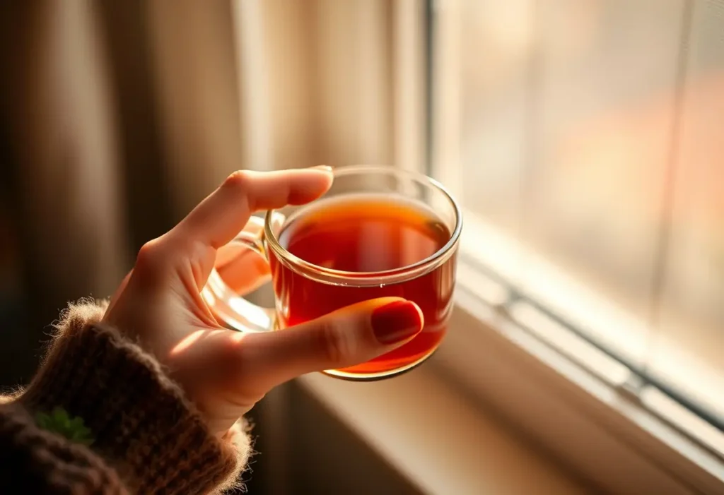 Une main tenant une tasse de thé chaud dans une lumière douce, symbolisant le réconfort et la bienveillance.