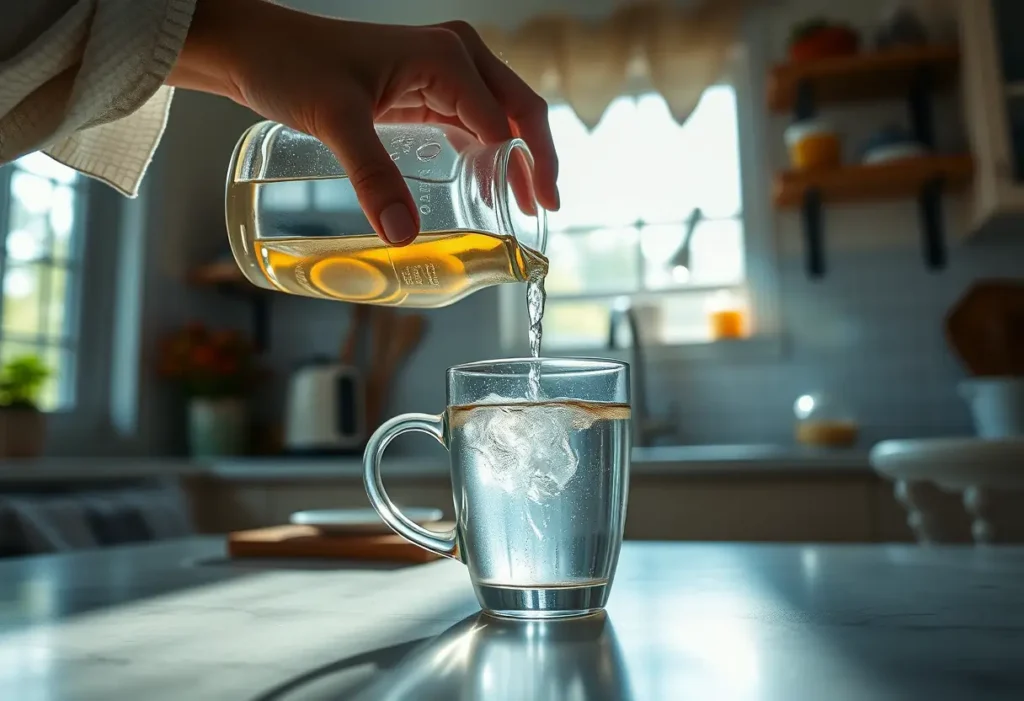 Main de femme versant du jus de citron dans une tasse d'eau chaude, cuisine accueillante