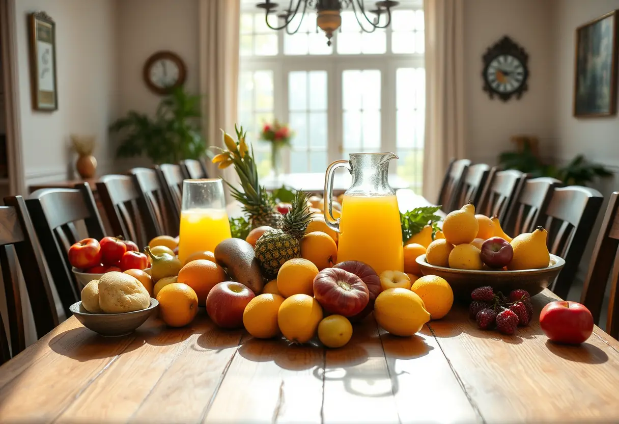 Table en bois chargée de fruits et d'un pichet de jus de citron fraîchement pressé, espace repas lumineux