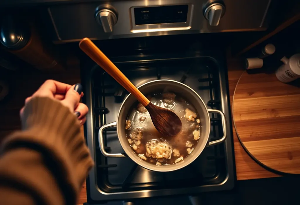 Une main féminine tenant une cuillère en bois au-dessus d'une marmite sur une cuisinière, dans un intérieur accueillant, favorisant la bienveillance et l'acceptation de soi.