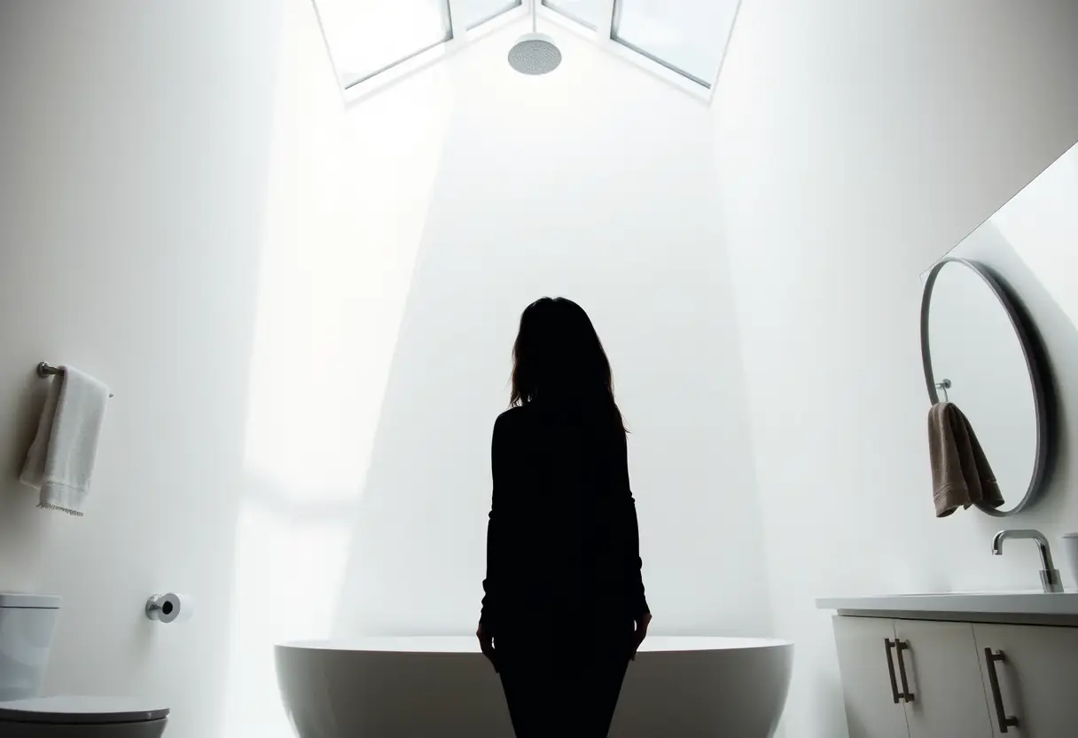 Un profil de femme se tenant dans une salle de bain spacieuse sous la lumière naturelle d'un jour ouvert par une verrière, illustrant la thématique de la santé intime et du bien-être.