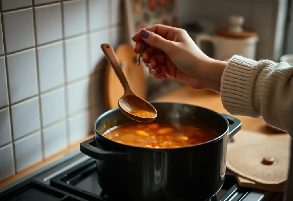 Une main tenant une cuillère en bois au-dessus d'une marmite mijotant, en cuisine chaleureuse, bien-être féminin
